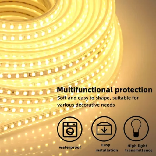 Bandă LED 2m PCNING, 220V AC cu ștecher EU, IP67 impermeabilă pentru exterior, alb cald