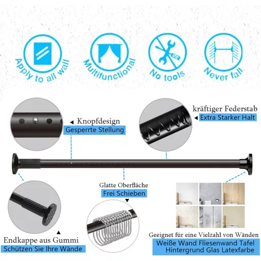 Goldion Fúrás Nélküli Függönyrúd - Teleszkópos, Kihúzható 115-465 cm Matt Fekete Szorítható Karnis Térelválasztóhoz, Függönyhöz, Erkélyhez
