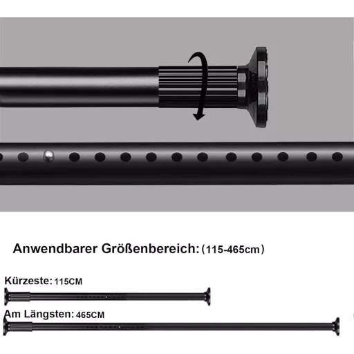 Goldion Fúrás Nélküli Függönyrúd - Teleszkópos, Kihúzható 115-465 cm Matt Fekete Szorítható Karnis Térelválasztóhoz, Függönyhöz, Erkélyhez