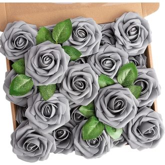   N&T NIETING Szürke Habrózsák Szárral 25 db - Esküvői Csokrokhoz, Dekorációhoz, Élethű Latex Művirág Otthoni Díszítéshez