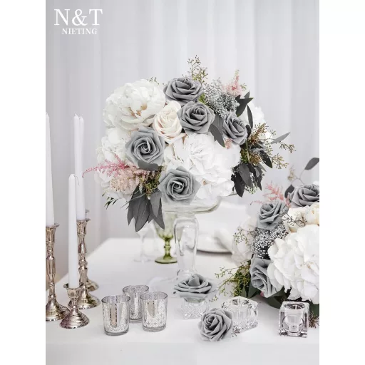 N&T NIETING Trandafiri Gri din Spumă cu Tulpină 25 buc - Pentru Buchete de Nuntă, Decorațiuni, Flori Artificiale Realiste din Latex pentru Decor Acasă