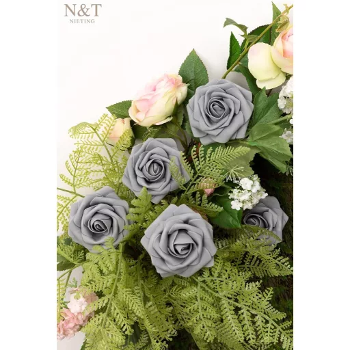 N&T NIETING Trandafiri Gri din Spumă cu Tulpină 25 buc - Pentru Buchete de Nuntă, Decorațiuni, Flori Artificiale Realiste din Latex pentru Decor Acasă