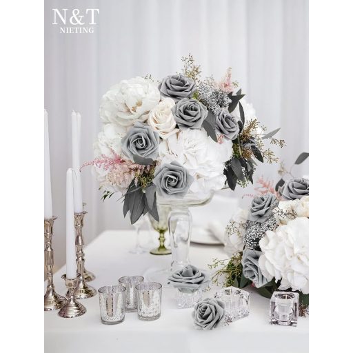 N&T NIETING Trandafiri Gri din Spumă cu Tulpină 25 buc - Pentru Buchete de Nuntă, Decorațiuni, Flori Artificiale Realiste din Latex pentru Decor Acasă