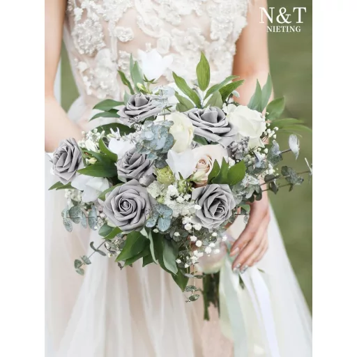 N&T NIETING Trandafiri Gri din Spumă cu Tulpină 25 buc - Pentru Buchete de Nuntă, Decorațiuni, Flori Artificiale Realiste din Latex pentru Decor Acasă