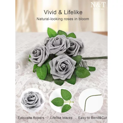 N&T NIETING Trandafiri Gri din Spumă cu Tulpină 25 buc - Pentru Buchete de Nuntă, Decorațiuni, Flori Artificiale Realiste din Latex pentru Decor Acasă