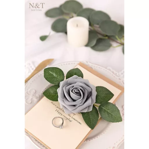 N&T NIETING Trandafiri Gri din Spumă cu Tulpină 25 buc - Pentru Buchete de Nuntă, Decorațiuni, Flori Artificiale Realiste din Latex pentru Decor Acasă