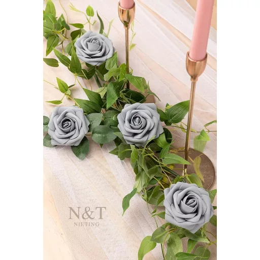 N&T NIETING Trandafiri Gri din Spumă cu Tulpină 25 buc - Pentru Buchete de Nuntă, Decorațiuni, Flori Artificiale Realiste din Latex pentru Decor Acasă