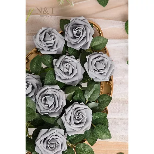 N&T NIETING Trandafiri Gri din Spumă cu Tulpină 25 buc - Pentru Buchete de Nuntă, Decorațiuni, Flori Artificiale Realiste din Latex pentru Decor Acasă