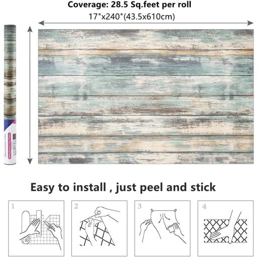 Arthome folie autoadezivă pentru perete, model lemn, 44cm x 6m, albastru vintage, folie decorativă.