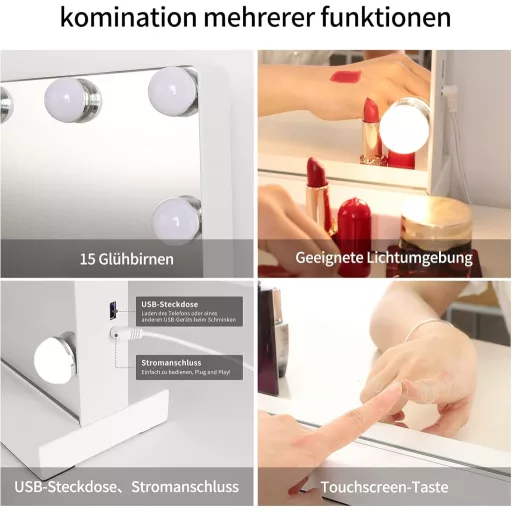 Meidom Hollywood Sminkasztal 58x46cm Tükör LED Világítással - 3 Színhőmérséklet, 15 Fényerőszint, USB, Érintésvezérlés, Alumínium Keret,