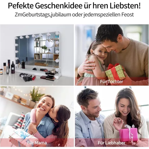 Meidom Hollywood Sminkasztal 58x46cm Tükör LED Világítással - 3 Színhőmérséklet, 15 Fényerőszint, USB, Érintésvezérlés, Alumínium Keret,