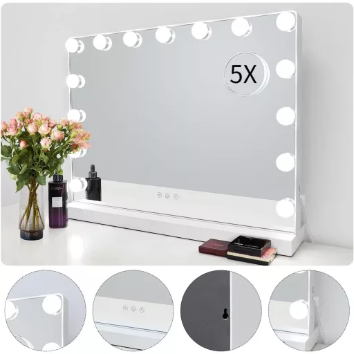 Meidom Hollywood Sminkasztal 58x46cm Tükör LED Világítással - 3 Színhőmérséklet, 15 Fényerőszint, USB, Érintésvezérlés, Alumínium Keret,