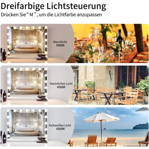 Meidom Hollywood Sminkasztal 58x46cm Tükör LED Világítással - 3 Színhőmérséklet, 15 Fényerőszint, USB, Érintésvezérlés, Alumínium Keret,