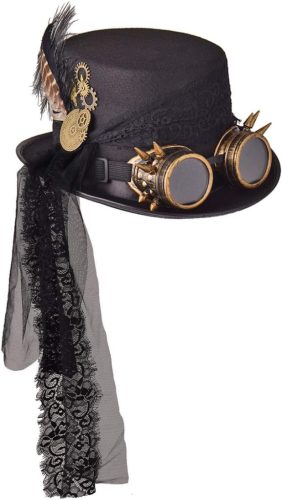 COSDREAMER Pălărie Steampunk Tip Cilindru cu Ochelari - Negru, 60cm - Costum Halloween