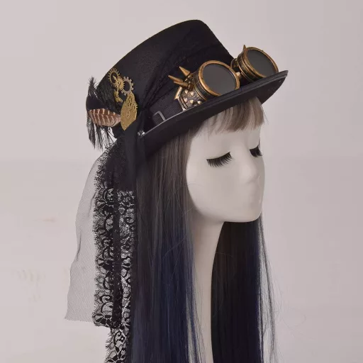 COSDREAMER Pălărie Steampunk Tip Cilindru cu Ochelari - Negru, 60cm - Costum Halloween