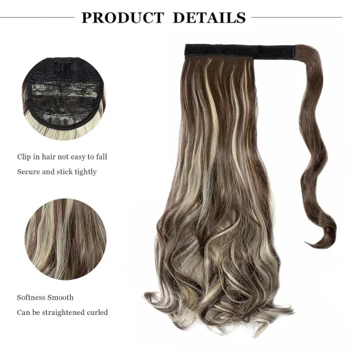 Coadă de cal Cybelleza cu clips, păr sintetic ondulat, castaniu și blond - Extensii de păr pentru volum și lungime, aspect natural, pentru femei