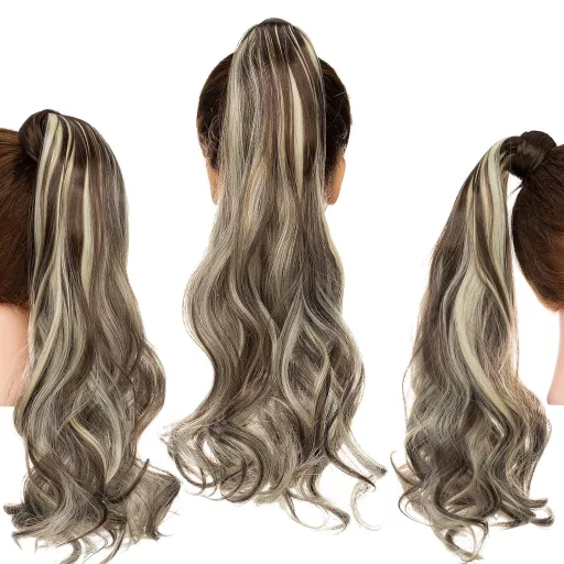 Coadă de cal Cybelleza cu clips, păr sintetic ondulat, castaniu și blond - Extensii de păr pentru volum și lungime, aspect natural, pentru femei