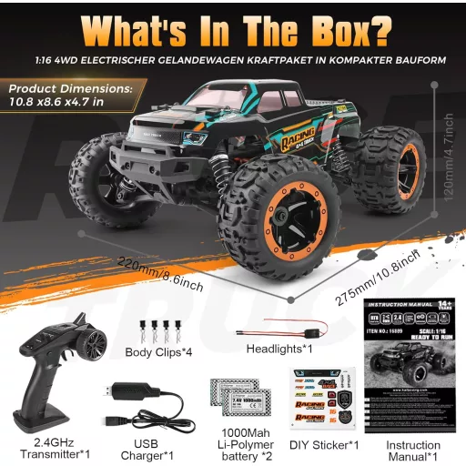 HAIBOXING 4WD RC Monster Truck 1:16 36 km/h Mașină de curse impermeabilă pentru copii