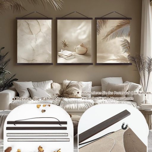 Sanauto Mágneses Posztertartó Léc - Diófaszínű Fa Képkeret (75 cm) - Falra Szerelhető Plakáttartó Kép és Művészeti Nyomatokhoz - 2 db Csomag