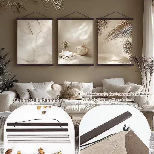 Sanauto Mágneses Posztertartó Léc - Diófaszínű Fa Képkeret (75 cm) - Falra Szerelhető Plakáttartó Kép és Művészeti Nyomatokhoz - 2 db Csomag