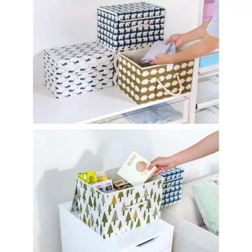 Cutie de depozitare pliabilă Fcalvy cu capac - Cutie de jucării cu model Urs Polar pentru copii, pentru haine - Material bumbac, 38x25x25 cm