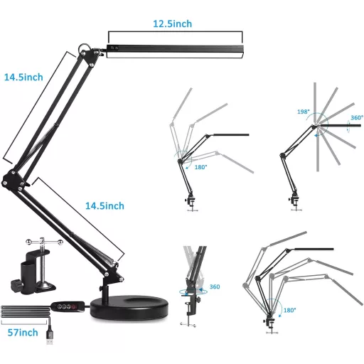 Lampă de birou cu LED SKYLEO, cu clips și bază, 3 moduri de lumină, 10 trepte, port USB, negru