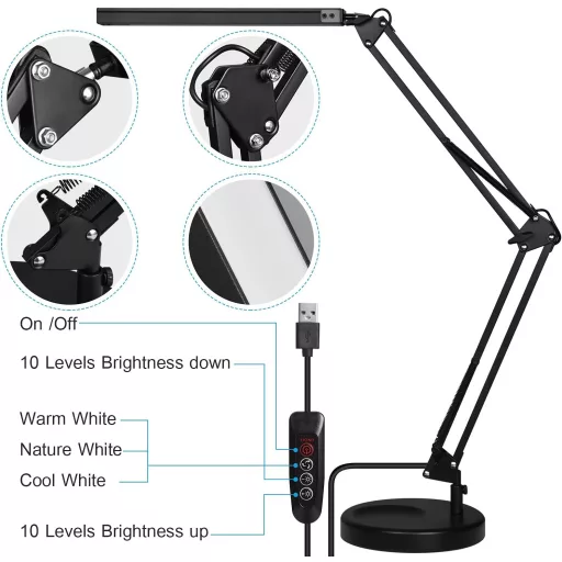 Lampă de birou cu LED SKYLEO, cu clips și bază, 3 moduri de lumină, 10 trepte, port USB, negru