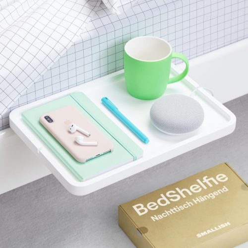 BedShelfie Fehér Fa Lebegő polc ágyhoz- Emeletes és Boxspring Ágyakhoz