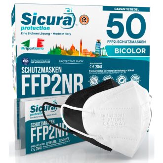   SICURA 50 db FFP2 maszk CE tanúsított fekete fehér olasz gyártás BFE 99%