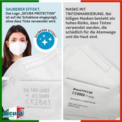 SICURA 50 db FFP2 maszk CE tanúsított fekete fehér olasz gyártás BFE 99%