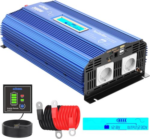 GIANDEL Invertor Sinusoidal 2000W 12V-230V - Convertor de Tensiune cu Port Dublu USB, Ecran LCD și Telecomandă pentru Autorulote
