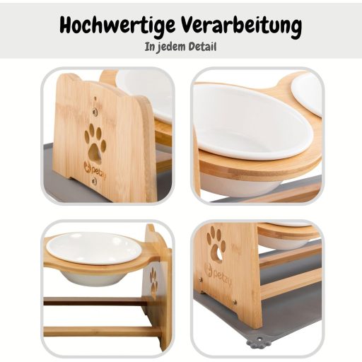 Keramická miska na krmivo s nastaviteľnou výškou pre psy a mačky, s bambusovým stojanom, 350 ml