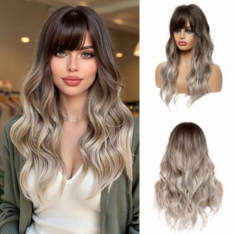   Esmee 61 cm Dlhá Vlnitá Parochňa s Ofinou - Ombre Hnedo-Sivá Tepluvzdorná Syntetická Dámska Parochňa s Nastaviteľnou Veľkosťou Hlavy