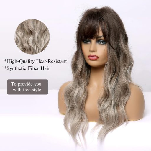 Esmee 61 cm Dlhá Vlnitá Parochňa s Ofinou - Ombre Hnedo-Sivá Tepluvzdorná Syntetická Dámska Parochňa s Nastaviteľnou Veľkosťou Hlavy