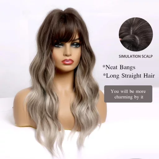 Esmee 61 cm Dlhá Vlnitá Parochňa s Ofinou - Ombre Hnedo-Sivá Tepluvzdorná Syntetická Dámska Parochňa s Nastaviteľnou Veľkosťou Hlavy