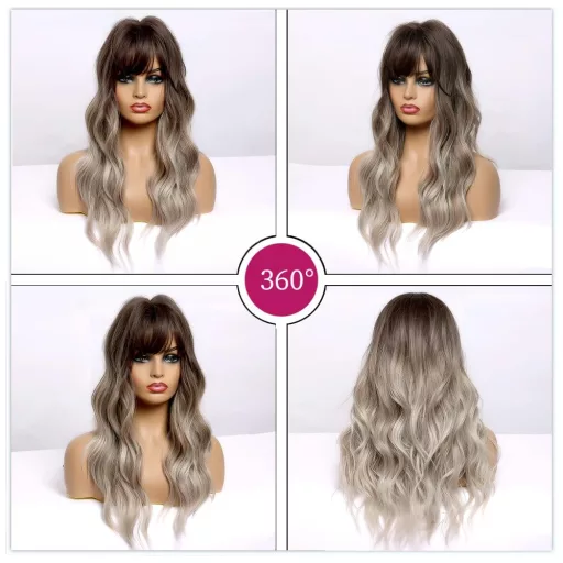 Esmee 61 cm Dlhá Vlnitá Parochňa s Ofinou - Ombre Hnedo-Sivá Tepluvzdorná Syntetická Dámska Parochňa s Nastaviteľnou Veľkosťou Hlavy