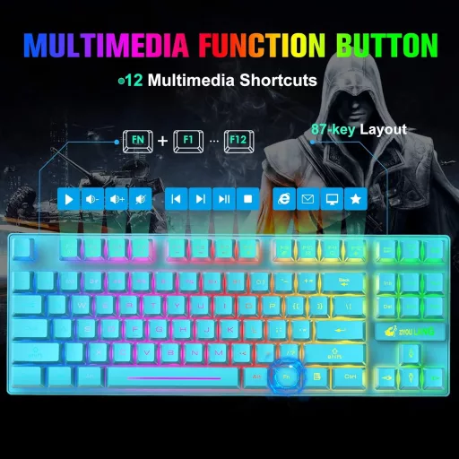 Set Tastatură și Mouse Wireless pentru Gaming LexonElec - 87 Taste, Iluminare de Fundal LED Curcubeu, Baterie 3800mAh, Senzație Mecanică