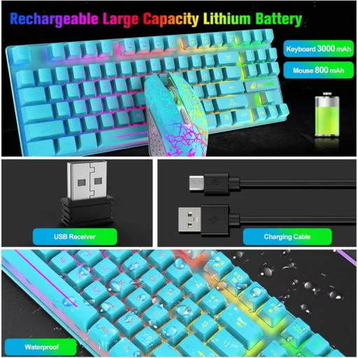 Set Tastatură și Mouse Wireless pentru Gaming LexonElec - 87 Taste, Iluminare de Fundal LED Curcubeu, Baterie 3800mAh, Senzație Mecanică