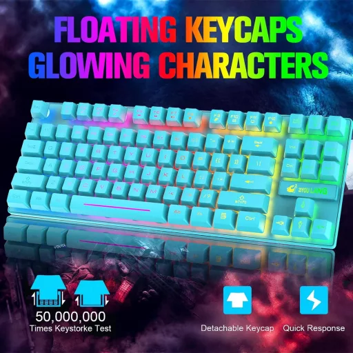 Set Tastatură și Mouse Wireless pentru Gaming LexonElec - 87 Taste, Iluminare de Fundal LED Curcubeu, Baterie 3800mAh, Senzație Mecanică