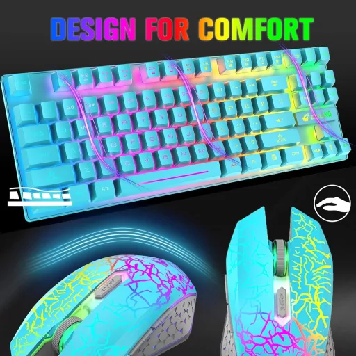 Set Tastatură și Mouse Wireless pentru Gaming LexonElec - 87 Taste, Iluminare de Fundal LED Curcubeu, Baterie 3800mAh, Senzație Mecanică