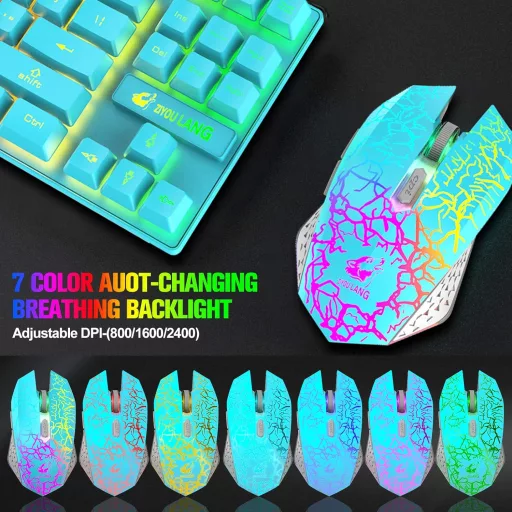 Set Tastatură și Mouse Wireless pentru Gaming LexonElec - 87 Taste, Iluminare de Fundal LED Curcubeu, Baterie 3800mAh, Senzație Mecanică