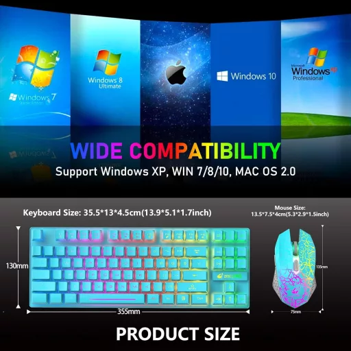 Set Tastatură și Mouse Wireless pentru Gaming LexonElec - 87 Taste, Iluminare de Fundal LED Curcubeu, Baterie 3800mAh, Senzație Mecanică