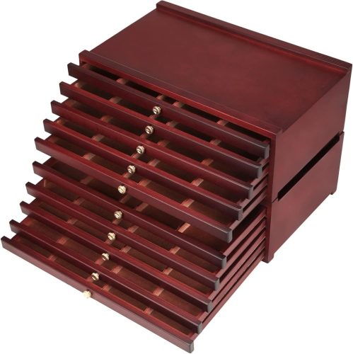 Cutie de depozitare pentru artă MEEDEN cu 10 sertare, organizator portabil din lemn de fag, organizator din lemn de culoare mahon pentru pasteluri, creioane.