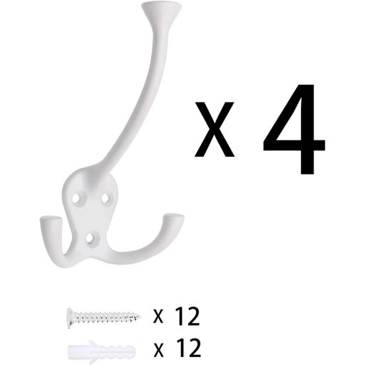 HMiMi Vintage nástenný vešiak na oblečenie, 4 ks, biely, dvojitý háčik na kabáty, do kúpeľne, kuchyne a kancelárie