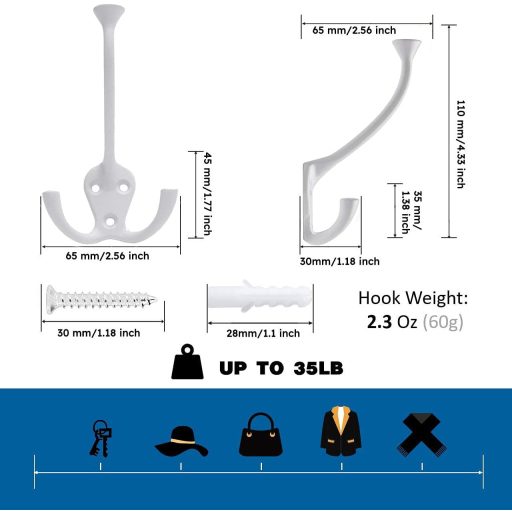 HMiMi Cuier de perete vintage, 4 buc., alb, dublu, pentru halate, baie, bucătărie, birou