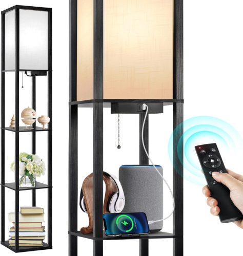 Lampă de podea OUTON cu raft – Telecomandă, Dimmer, Lampă LED cu 4 temperaturi de culoare, 2 porturi USB, Temporizator – Living, Dormitor, Birou