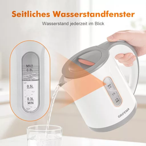 GRIFEMA 0,8L Elektromos Vízforraló 1100W - Gyors Forralás, Csökkentett Zaj, BPA-Mentes, Utazó Teafőző Automata Lekapcsolással