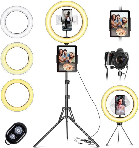 daphomeu 10-palcové LED kruhové svetlo so statívom a duálnym držiakom na telefón – 3 farby, 10 úrovní jasu, selfie kruhové svetlo s diaľkovým ovládaním pre YouTube, TikT