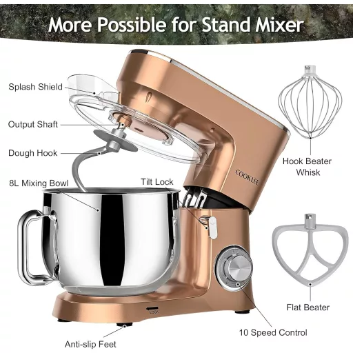 COOKLEE Elektromos Robotgép 3-in-1 Konyhai Mixer 8L 1500W 10 Fokozat Dagasztó Habverő Champagne Színű