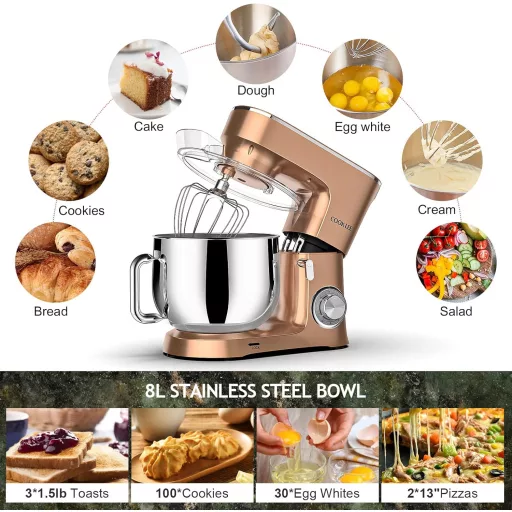COOKLEE Elektromos Robotgép 3-in-1 Konyhai Mixer 8L 1500W 10 Fokozat Dagasztó Habverő Champagne Színű